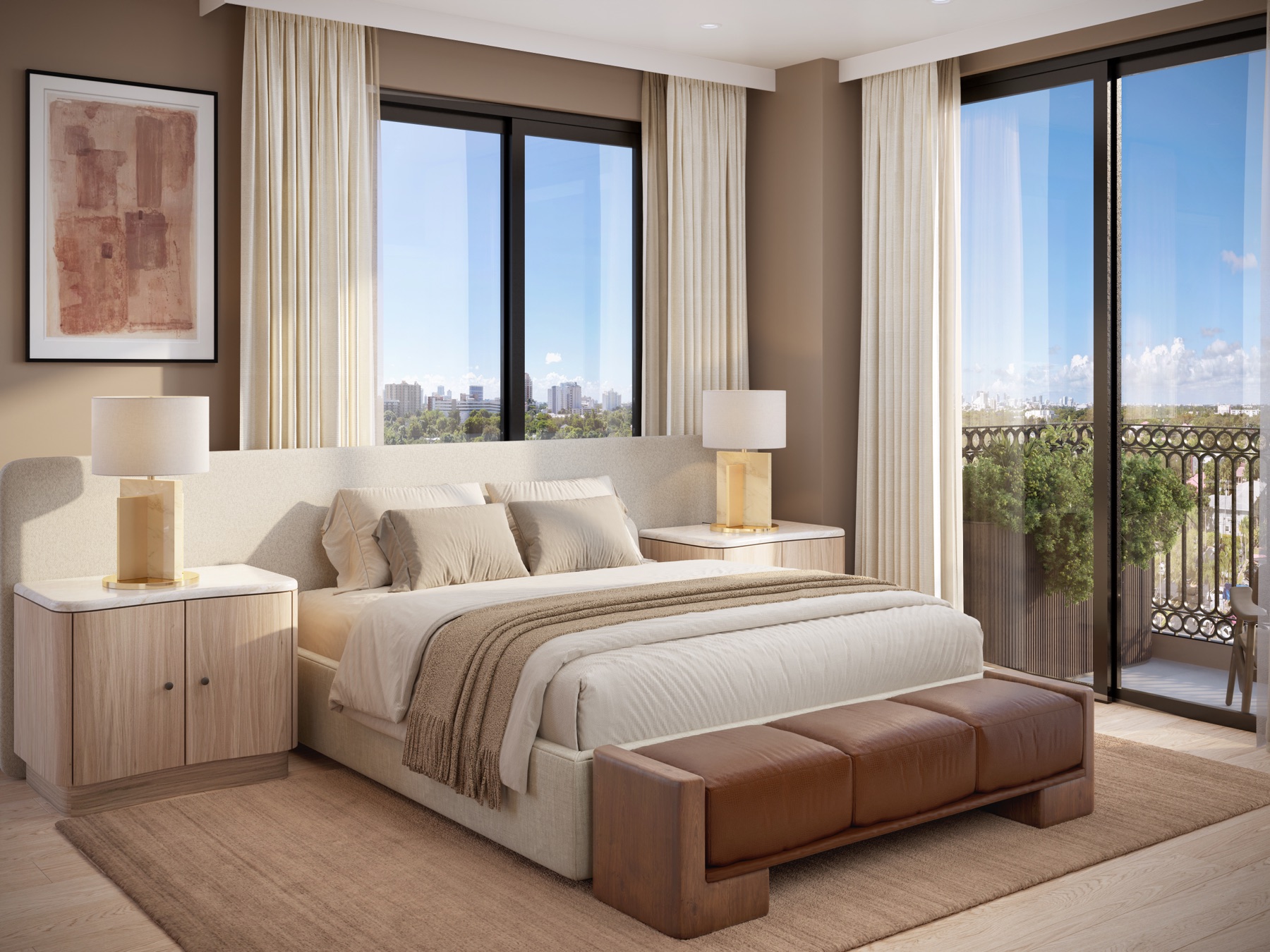 Primary bedroom at Seventeen Gables — floor-to-ceiling glass and a juliet balcony framing the Gables canopy and distant skyline, white-oak flooring, a woven headboard, and a cognac-leather bench.