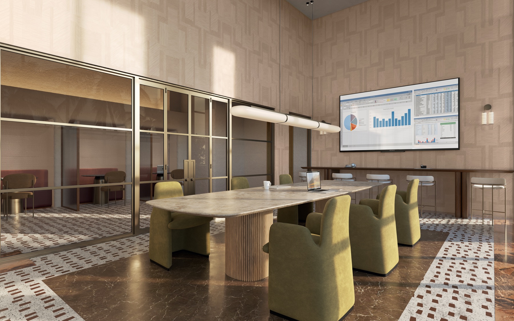The co-working center at Seventeen Gables — dedicated desks and private booths with an A/V-ready conference room for meetings and presentations.