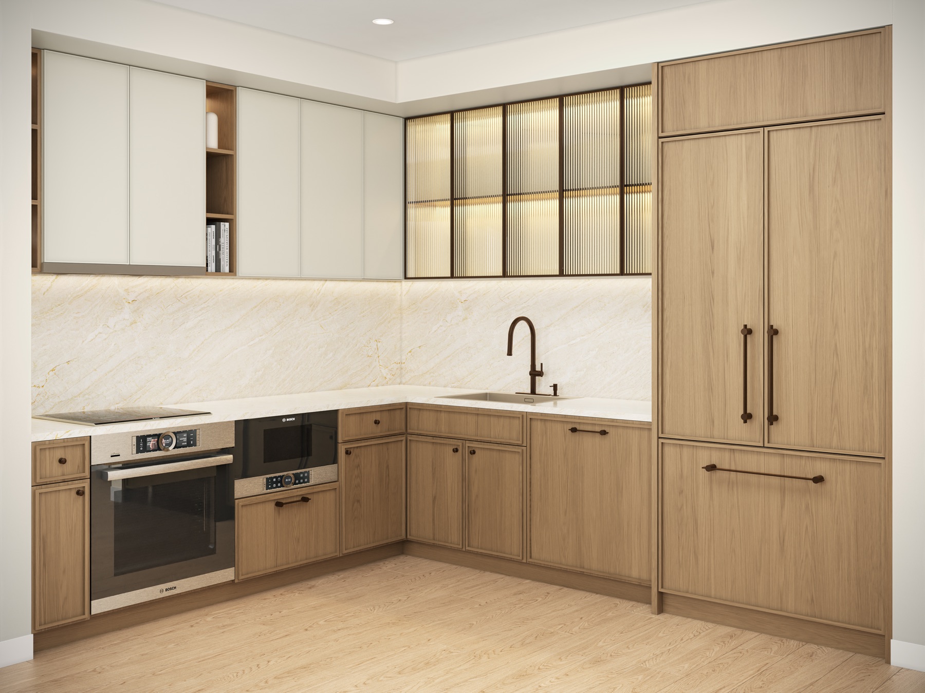 Kitchen at Seventeen Gables — premium engineered-stone countertops, European-style cabinetry, a Bosch stovetop and ovens, and a paneled Fisher & Paykel refrigerator and dishwasher integrated for a seamless look.