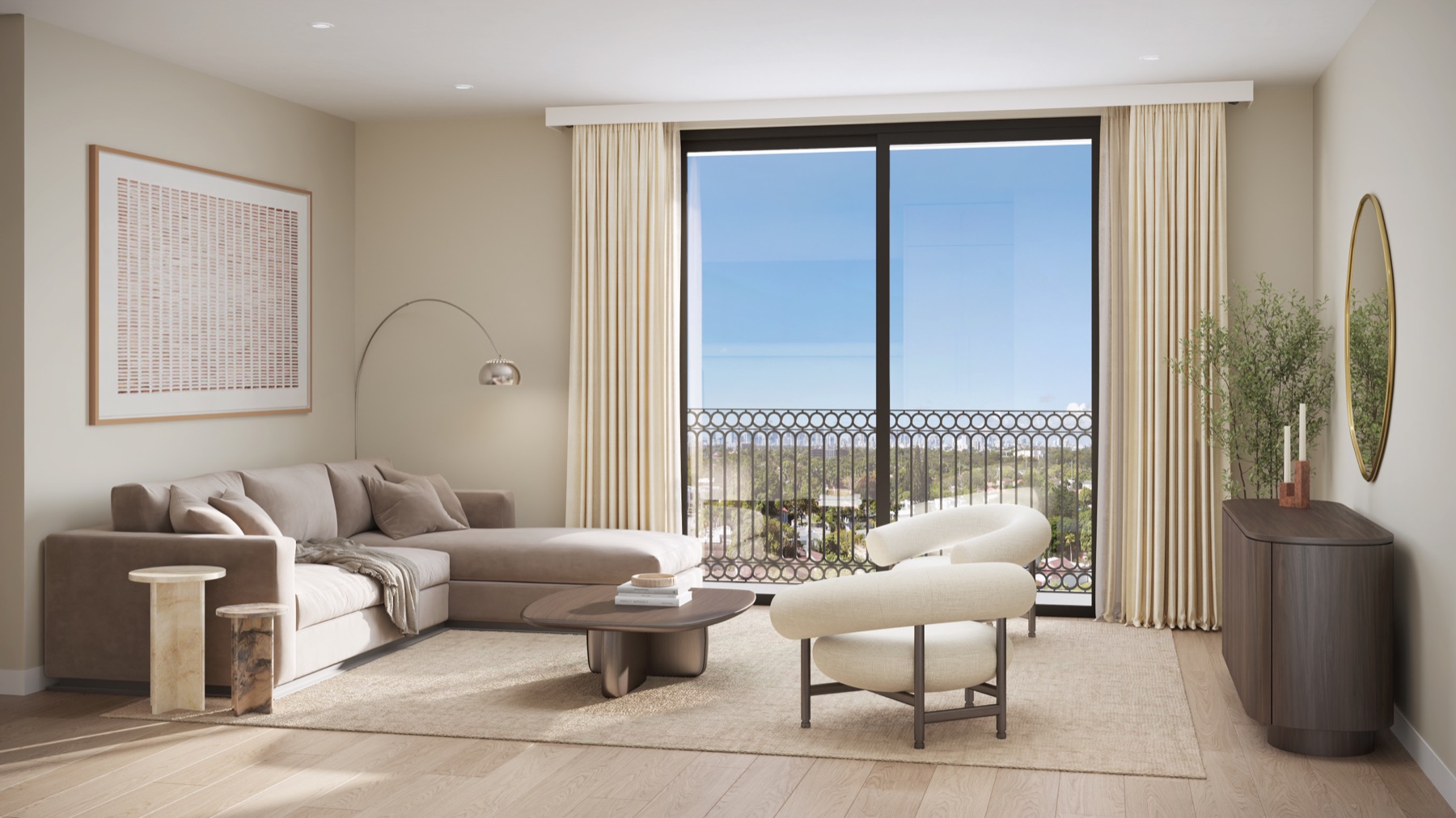 Living room at Seventeen Gables — floor-to-ceiling impact glass opening to a juliet balcony with views over the Coral Gables tree canopy, white-oak flooring, warm taupe walls, and organic-modern furnishings by Asprea Studio.