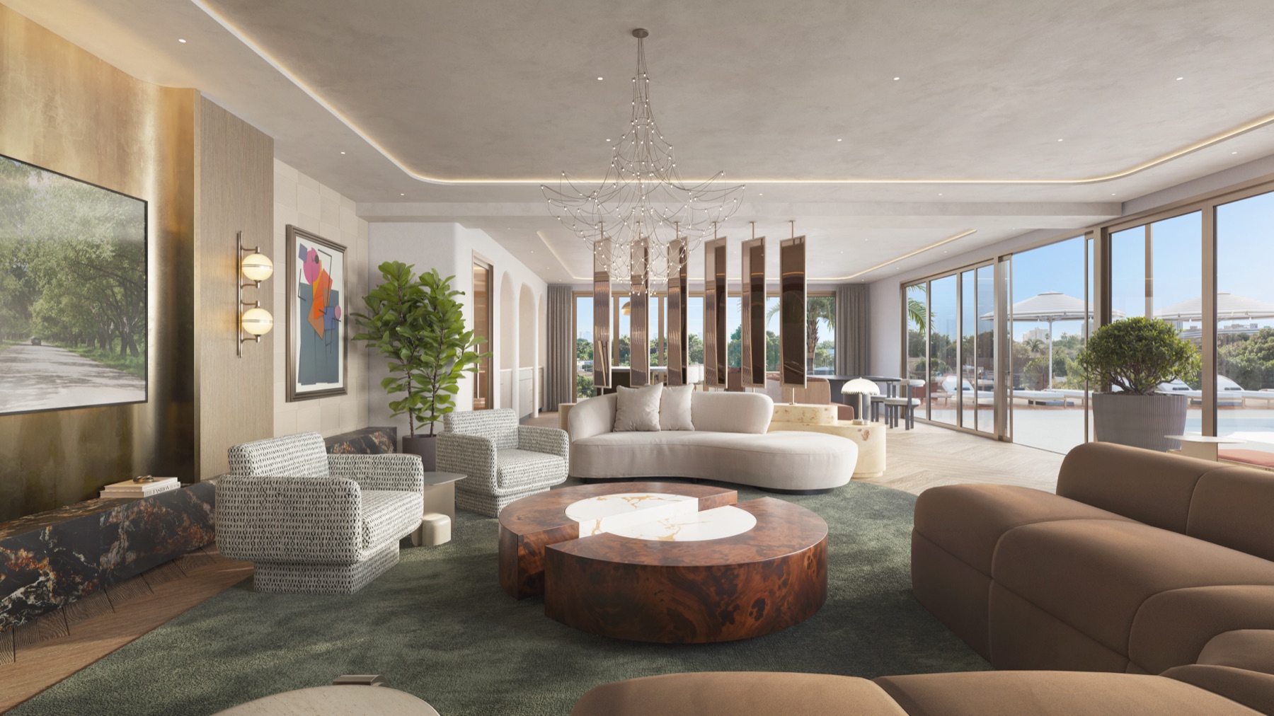 The residents' club room and social lounge at Seventeen Gables — a sculptural beaded chandelier, an entertainer's kitchen, a sage-green rug, a copper-burl table, and floor-to-ceiling glass opening to the pool deck.